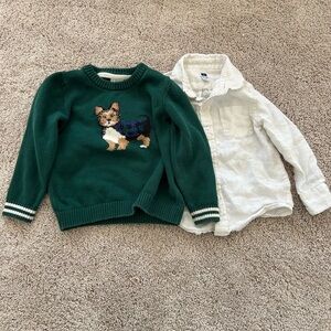 Janie and Jack Green Sweater with Dog Design and White Shirt Set
